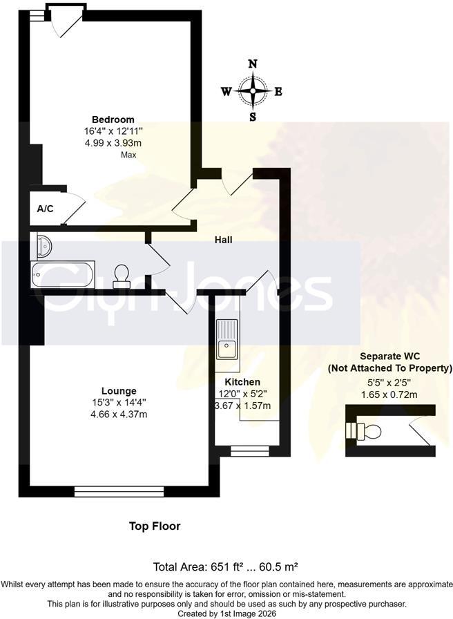 Floor plan of the top-floor flat showing lounge, bedroom, kitchen, hall, bathroom and separate WC